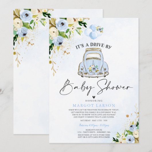 Rijden op Baby shower Invitation Blue Floral Kaart (Voorkant / Achterkant)