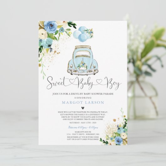 Rijden op Baby shower Uitnodiging Blue Floral Show (Staand voorkant)