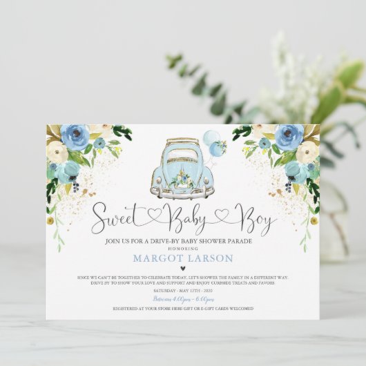 Rijden op Baby shower Uitnodiging Blue Floral Show (Staand voorkant)