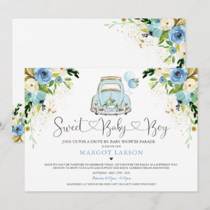 Rijden op Baby shower Uitnodiging Blue Floral Show
