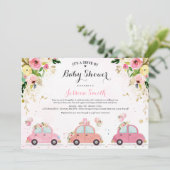 Rijden op Baby shower Uitnodiging Roze Bloemendouc (Staand voorkant)