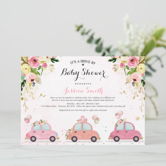 Rijden op Baby shower Uitnodiging Roze Bloemendouc (Staand voorkant)