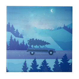 Rijden op de weg met een kerstboom tegeltje