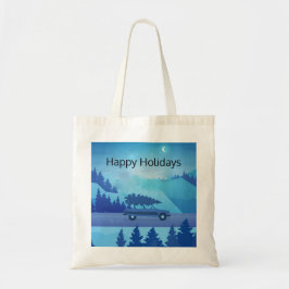 Rijden op de weg met een kerstboom tote bag