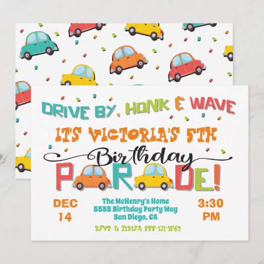 Rijden op verjaardagsfeest Parade Uitnodiging (Voorkant / Achterkant)