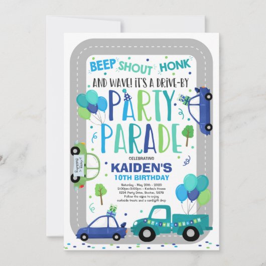 Rijden op verjaardagsparade uitnodiging Blue Parad (Voorkant)