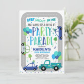 Rijden op verjaardagsparade uitnodiging Blue Parad (Staand voorkant)