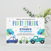 Rijden op verjaardagsparade uitnodiging Blue Parad (Staand voorkant)