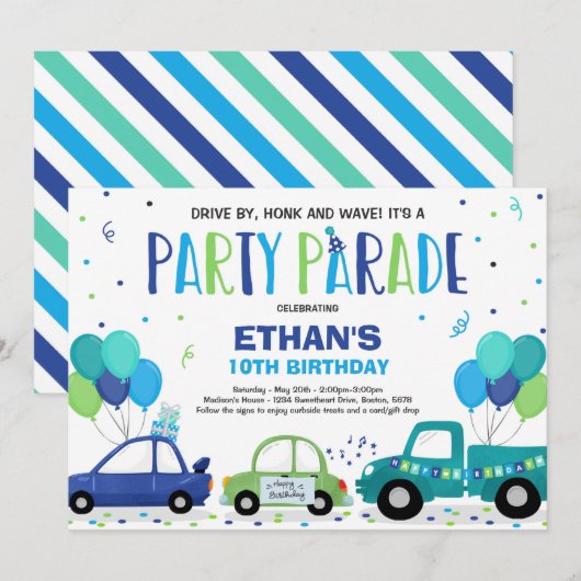 Rijden op verjaardagsparade uitnodiging Blue Parad (Voorkant / Achterkant)