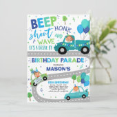 Rijden op verjaardagsparade uitnodiging Blue Parad (Staand voorkant)