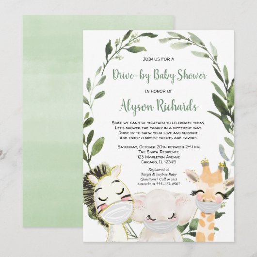 Rijdende baby shower safaridieren met maskers kaart (Voorkant / Achterkant)