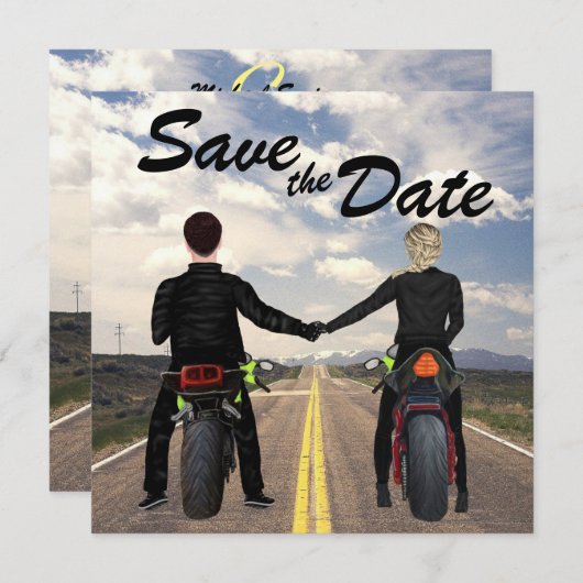 rijdende motorfietsen en veldbruiloft save the date (Voorkant / Achterkant)