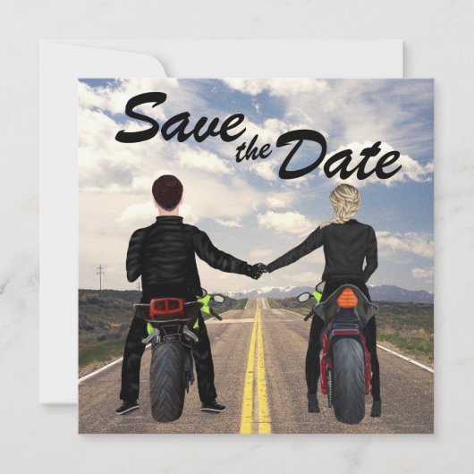 rijdende motorfietsen en veldbruiloft save the date (Voorkant)