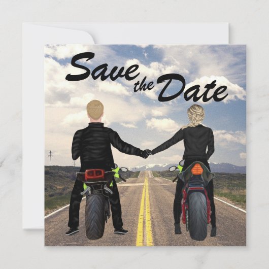 rijdende motorfietsen en veldbruiloft save the date (Voorkant)
