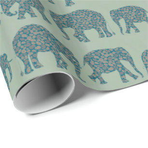 Rijen met Paisley Olifanten op Saliegroen Cadeaupa Cadeaupapier