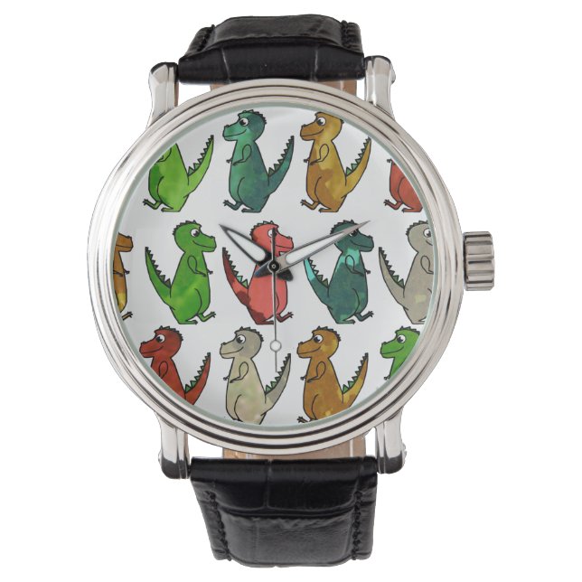 Rijen van T-Rex  lederen riem zwart horloge (Voorkant)