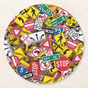 Rijinstructeur Fun Road Sign Collage Ronde Kartonnen Onderzetter