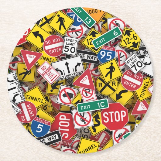 Rijinstructeur Fun Road Sign Collage Ronde Kartonnen Onderzetter (Voorkant)