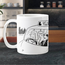 Rijinstructeur of examinator cartoon grote koffiekop