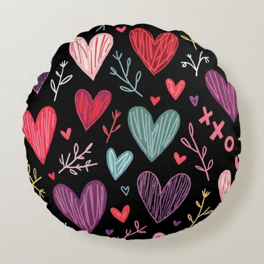 Rijk Zwart Speelse Hand-Drawn Harten Ronde Kussen (Voorkant)