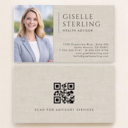 Rijkdom Adviseur Linnen Foto QR Code Visitekaartje