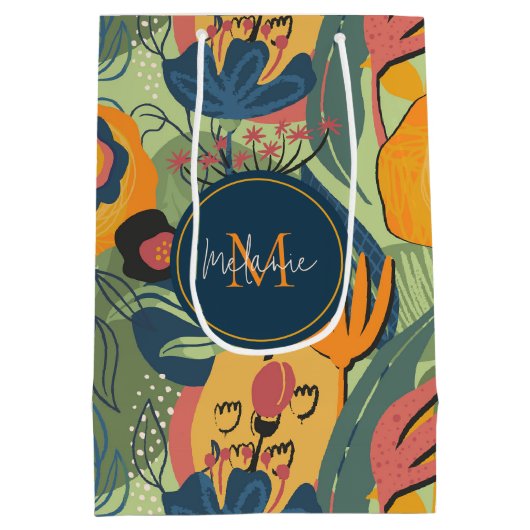 Rijke aarde kleuren abstracte bloemen, monogram medium cadeauzakje (Achterkant)