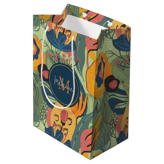 Rijke aarde kleuren abstracte bloemen, monogram medium cadeauzakje (Achterkant Gekanteld)
