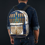 Rijke Blauwe en Gouden Gejewelde Hanukkah Bedrukte Rugzak<br><div class="desc">Vier het Lichtfeest in weelde met deze prachtig ontworpen, rijkblauwe en gouden Hanukkah-menorah-vakantiekaart! Deze platte kaart heeft een schitterende, gedetailleerde illustratie van een sierlijke, antiekstijl gouden Hanukkah-menorah, rijkelijk versierd met levendige multikleurige edelstenen en delicate emaillewerk. De menorah is volledig verlicht met negen gloeiende kaarsen, staand op een gedetailleerde basis. De...</div>