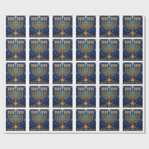 Rijke Blauwe en Gouden Gejewelde Hanukkah Cadeaupapier