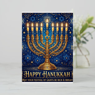 Rijke Blauwe en Gouden Gejewelde Hanukkah Folie Feestdagenkaart