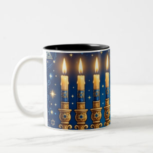 Rijke Blauwe en Gouden Gejewelde Hanukkah Tweekleurige Koffiemok
