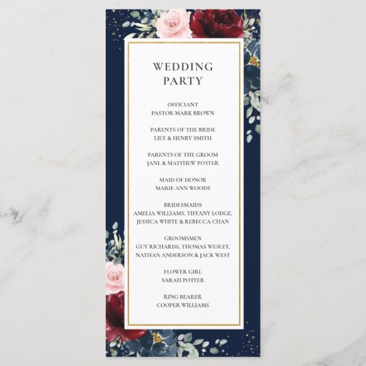 Rijke bordeaux rood blush blauw Rozen bloemenbruil Programmakaart (Achterkant)