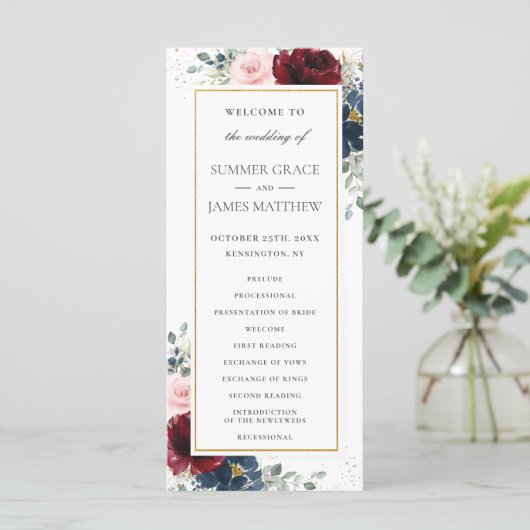 Rijke bordeaux rood blush blauw Rozen bloemenbruil Programmakaart (Staand voorkant)