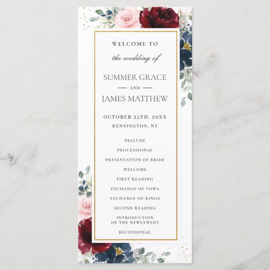Rijke bordeaux rood blush blauw Rozen bloemenbruil Programmakaart