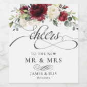 Rijke bordeaux rood ivoor wit bloemenbruiloft wijn etiket (Enkel label)