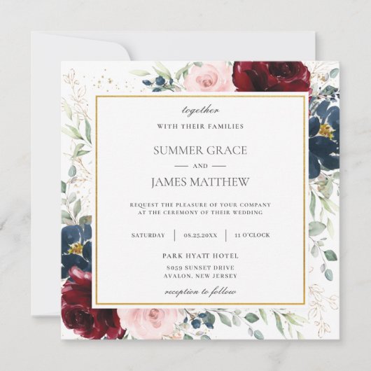 Rijke bordeauxrood blauw bloemenbruiloft plein kaart (Voorkant)