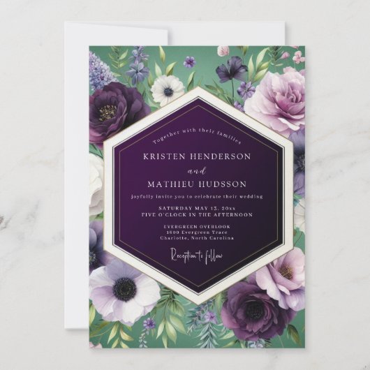 Rijke Botanische Aubergine Bruiloft Kaart (Voorkant)