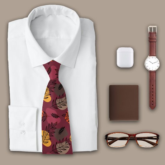 Rijke botanische bladeren op Maroon Monogram Stropdas