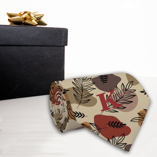 Rijke botanische bladeren op Maroon Monogram Stropdas