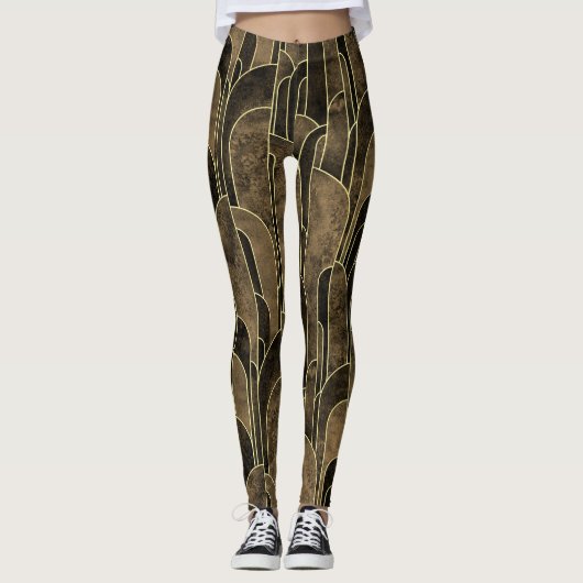 Rijke Bruin en Goud Art Deco Patroon Leggings (Voorkant)
