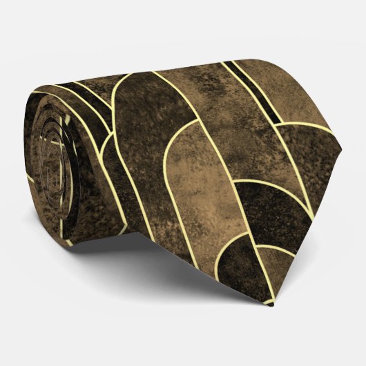 Rijke Bruin en Goud Art Deco Patroon Stropdas (Opgerold)