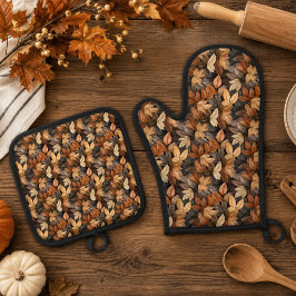 Rijke bruine beige herfstbladeren rustieke boerder ovenwant & pannenlap set