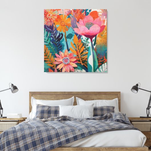 Rijke en levendige bloemenacryl vet botanisch canvas afdruk (Insitu (Slaapkamer))