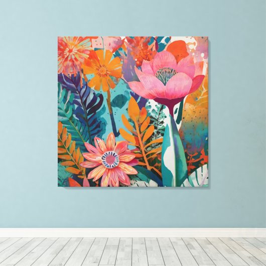 Rijke en levendige bloemenacryl vet botanisch canvas afdruk (Insitu (Houten vloer))