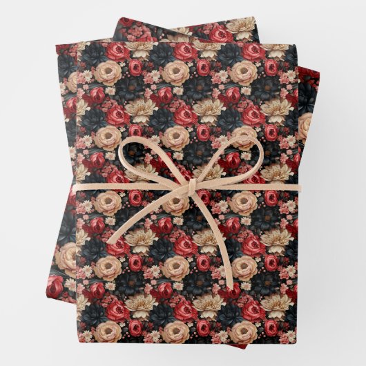 Rijke gedempte kleuren bloemen rode marine crème inpakpapier vel (In situ)