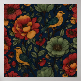 Rijke Indigo Folk Flora Behangpatroon Poster