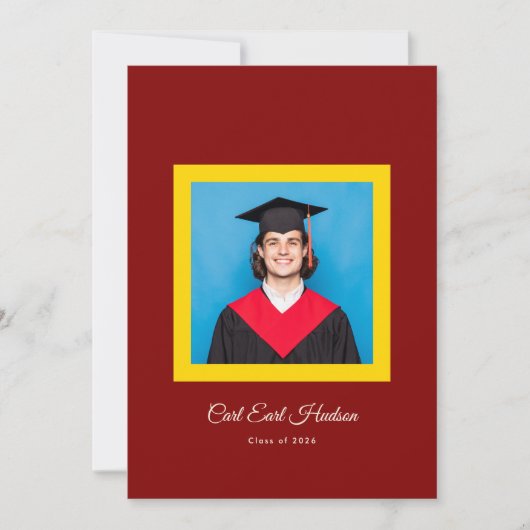Rijke Maroon Gele Middelbare School Foto Afstudeer Aankondiging (Voorkant)