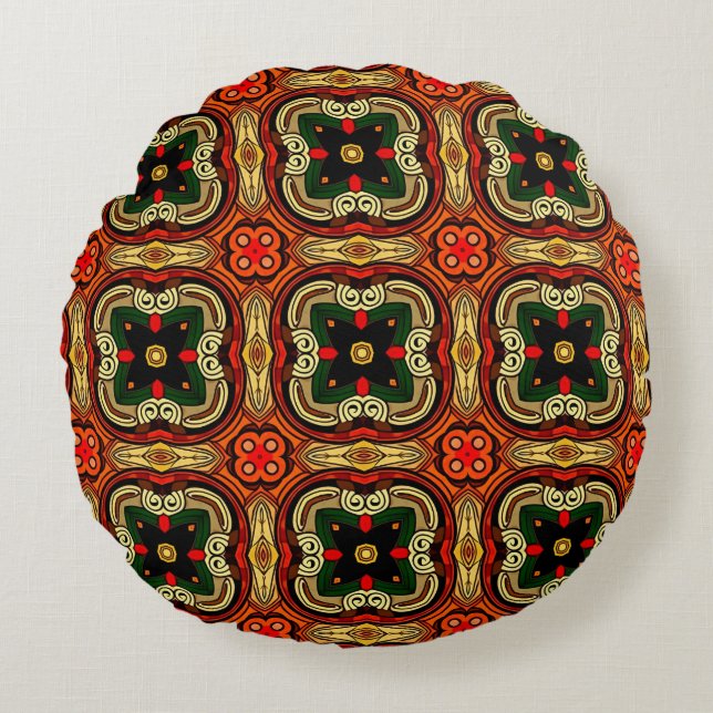 Rijke patroon rood, geel en beige Boho Rond Kussen (Voorkant)