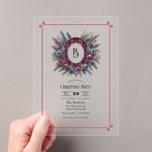 Rijke Plaid Monogram Kerstfeest Acryl Uitnodigingen (Insitu (Draagbaar))