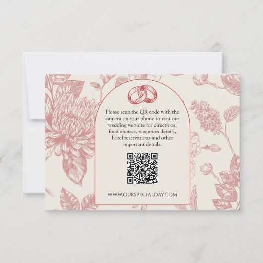 Rijke Rode Franse Bloemen Toile Floral QR Code RSVP Kaartje (Voorkant)